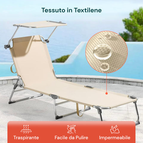 Lettino con tessuto in textilene traspirante, impermeabile e facile da pulire, ideale per piscina e mare con dettaglio materiale