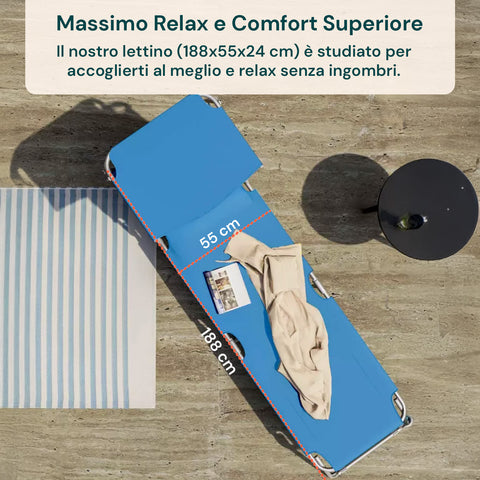 Lettino per massimo relax e comfort superiore, dimensioni 188x55x24cm studiato per accoglierti al meglio e relax senza ingombri