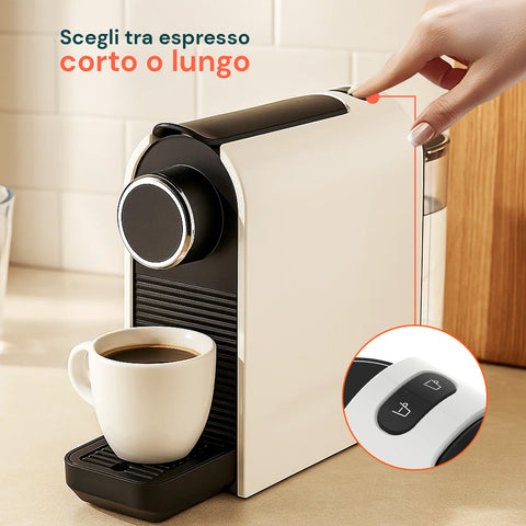 Macchina caffè con controllo programmabile per scegliere tra espresso corto o lungo, regola quantità caffè secondo preferenze personali
