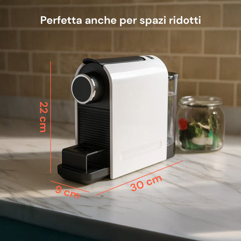 Macchina caffè compatta perfetta per spazi ridotti con dimensioni 30x22x9cm, design salvaspazio ideale per ogni cucina moderna