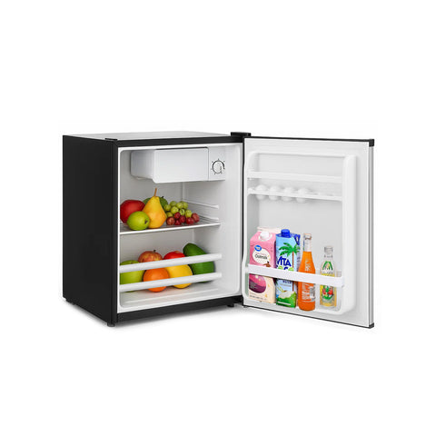 Mini frigo da campeggio 45L aperto con frutta, verdura e bevande, capacità ottimale per uso personale e spazi ristretti