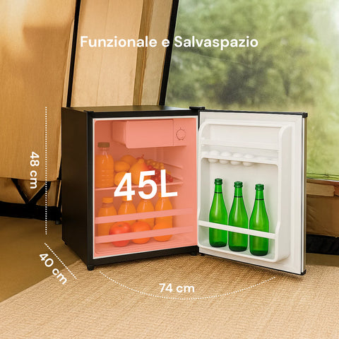 Mini frigo 45L con dimensioni 48x40cm e apertura porta fino a 74cm, design salvaspazio e funzionale per ogni ambiente