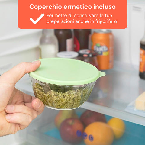 Tritatutto manuale Avilia con coperchio ermetico incluso, conserva preparazioni anche in frigorifero, pesto verde fresco tritato
