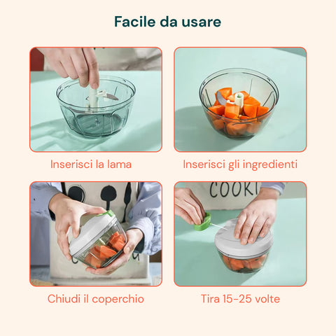 Tritatutto manuale Avilia facile da usare in 4 passaggi: inserisci lama, ingredienti, chiudi coperchio, tira 15-25 volte