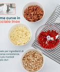 Tritatutto manuale Avilia con lame curve in acciaio inox, ideale per ingredienti di diversa consistenza: carne, cipolla, peperoni, cereali