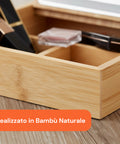 Organizer in Bambù con Specchio a LED – Portaoggetti 3 Scomparti 19.7x19.7x22 cm