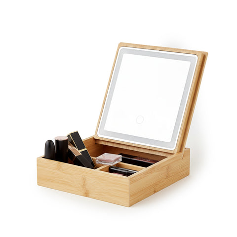 Organiseur en bambou avec miroir LED – Rangement 3 compartiments 19,7x19,7x22 cm