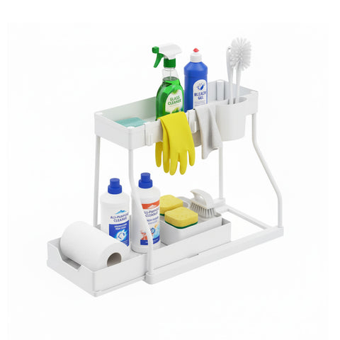 Organisateur Extractible Gain de Place avec Panier et Crochets pour Salle de Bain ou Cuisine