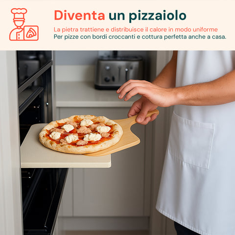 Set Pietra Refrattaria e Pala in Bambù per Pizza Croccante Fatta in Casa