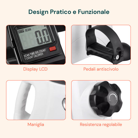 Design pratico e funzionale con display LCD, pedali antiscivolo, maniglia ergonomica e resistenza regolabile per allenamento personalizzato