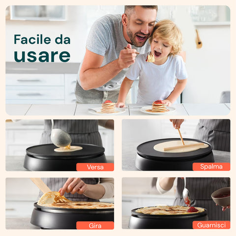 Crepes maker facile da usare per tutta la famiglia, perfetto per coinvolgere i bambini nella preparazione di colazioni divertenti e gustose