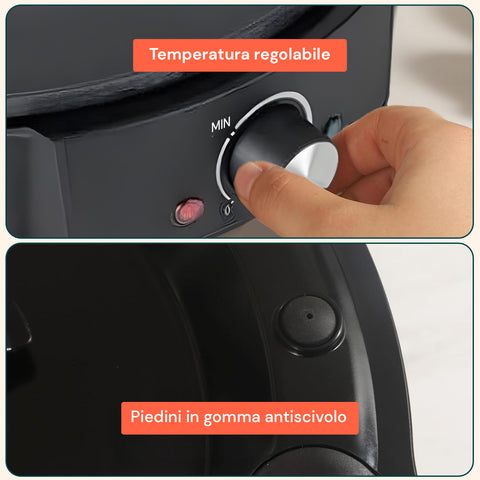 Crepes maker con temperatura regolabile e piedini in gomma antiscivolo per controllo preciso della cottura e stabilità durante l'uso