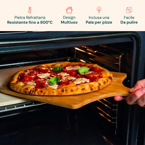 Set Pietra Refrattaria e Pala in Bambù per Pizza Croccante Fatta in Casa