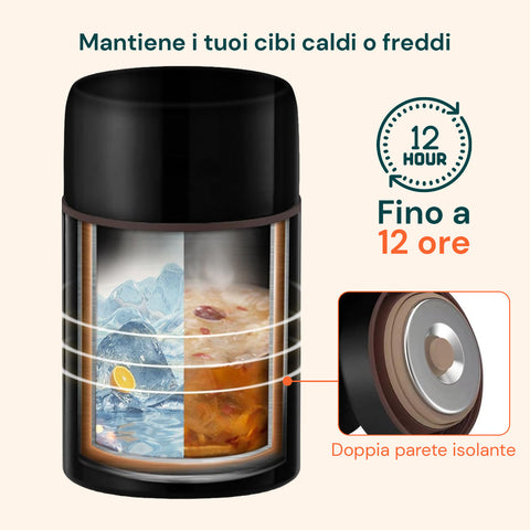 Thermos Portavivande in Acciaio con Cucchiaio e Borsa Inclusi