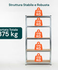 Scaffale 5 Ripiani Metallo Zincato E Mdf Effetto Legno Portata Totale 875kg
