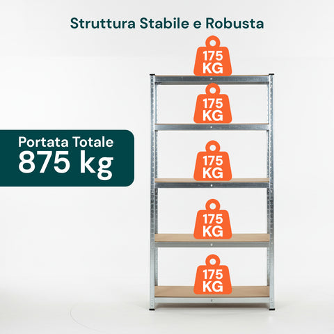 Scaffale 5 Ripiani Metallo Zincato E Mdf Effetto Legno Portata Totale 875kg