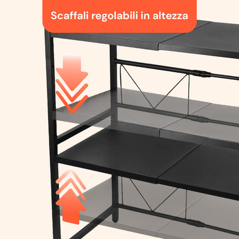 Scaffale da Cucina Espandibile a 3 Ripiani in Metallo e Legno con 6 Ganci Inclusi