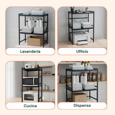 Scaffale da Cucina Espandibile a 3 Ripiani in Metallo e Legno con 6 Ganci Inclusi