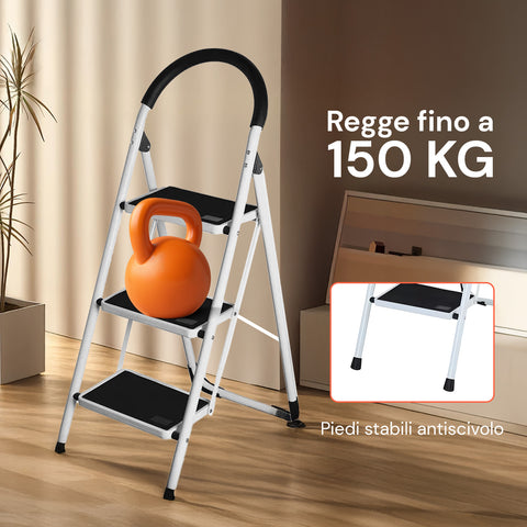 Scaletta Acciaio Nero Bianco 3-4 Gradini Portata 150kg per Casa e Garage