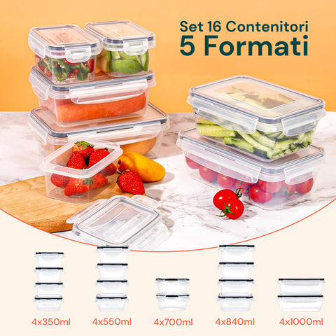 Kit 16 Contenitori Alimentari per Frigo e Dispensa– Chiusura a Scatto Sicura