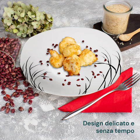 Set 18 piatti con dimensioni specifiche: 6 piatti piani 27cm, 6 piatti fondi 23cm, 6 piatti dessert 20cm, perfetto per ogni portata