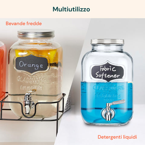 Set 2 Dispenser Bevande Vetro 4L con Rubinetto e Supporto in Metallo