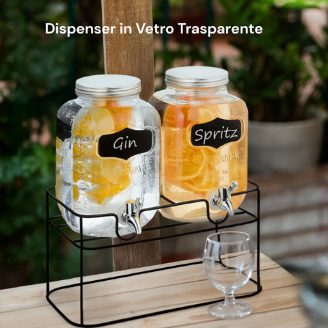 Set 2 Dispenser Bevande Vetro 4L con Rubinetto e Supporto in Metallo
