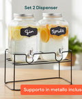 Set 2 Dispenser Bevande Vetro 4L con Rubinetto e Supporto in Metallo