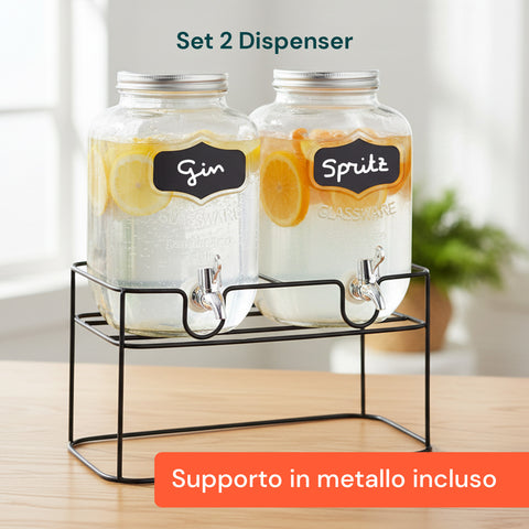 Set 2 Dispenser Bevande Vetro 4L con Rubinetto e Supporto in Metallo