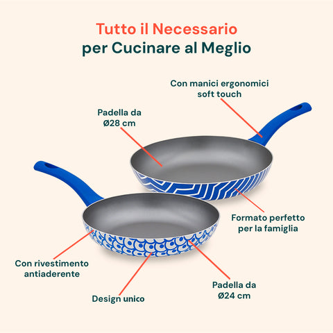Set 2 Padelle Antiaderenti Onde 24-28 cm Blu con Manico Soft Touch