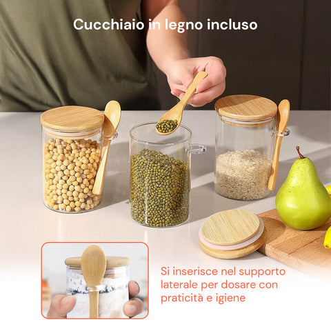 Barattoli Ermetici in Vetro 500ml con Cucchiaio e Supporto, Confezione da 3
