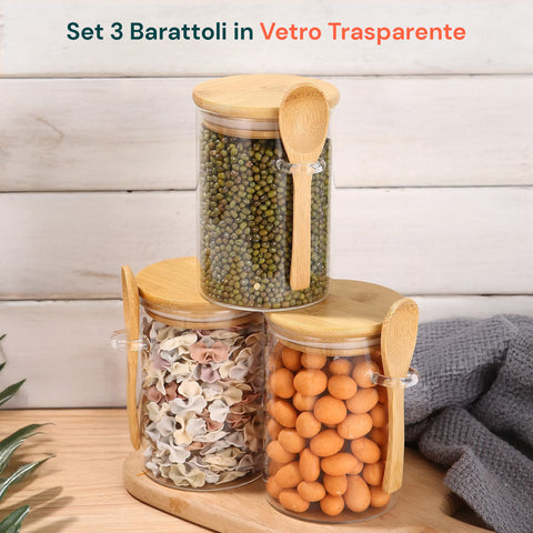 Barattoli Ermetici in Vetro 500ml con Cucchiaio e Supporto, Confezione da 3