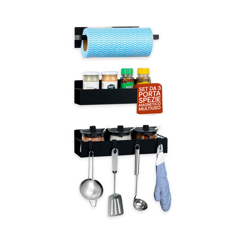 Set de 3 Organiseurs Magnétiques de Cuisine : Porte-Épices, Bocaux et Porte-Rouleau Sans Perçage