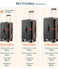 Valigie Trolley Nero 56-66-76 cm in ABS con Doppie Ruote Girevoli