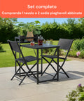 Set completo tavolo e 2 sedie pieghevoli da giardino in acciaio verniciato nero, ideale per terrazze e spazi esterni