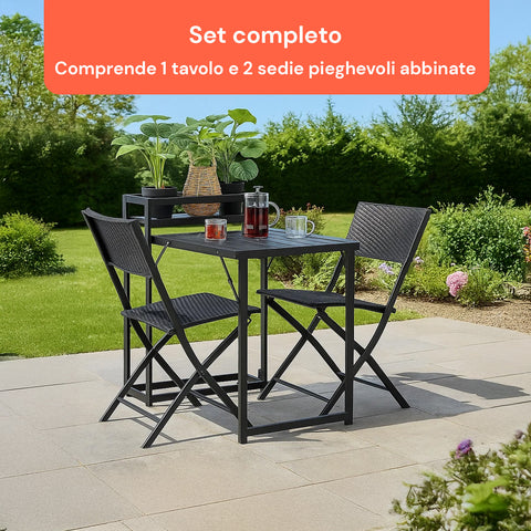 Set completo tavolo e 2 sedie pieghevoli da giardino in acciaio verniciato nero, ideale per terrazze e spazi esterni