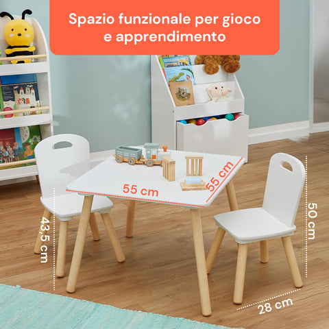 Set Scandi per Cameretta – Tavolo e 2 Sedie in Legno Bianco per Bambini