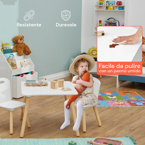 Set Scandi per Cameretta – Tavolo e 2 Sedie in Legno Bianco per Bambini