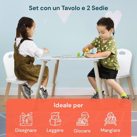 Set Scandi per Cameretta – Tavolo e 2 Sedie in Legno Bianco per Bambini