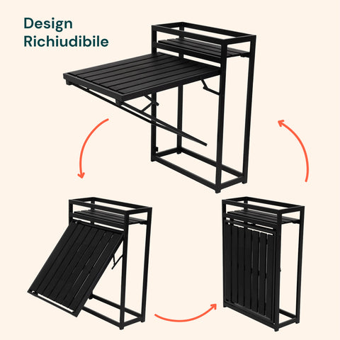 Tavolo pieghevole con design richiudibile salvaspazio, ideale per balcone e terrazza con struttura in acciaio nero