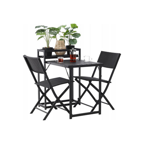 Set tavolo con 2 sedie pieghevoli nere da balcone e terrazza con portabottiglie integrato per spazi interni ed esterni