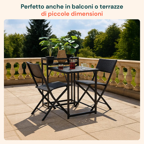 Tavolo con 2 Sedie Pieghevoli e Portabottiglie da Balcone o Terrazza