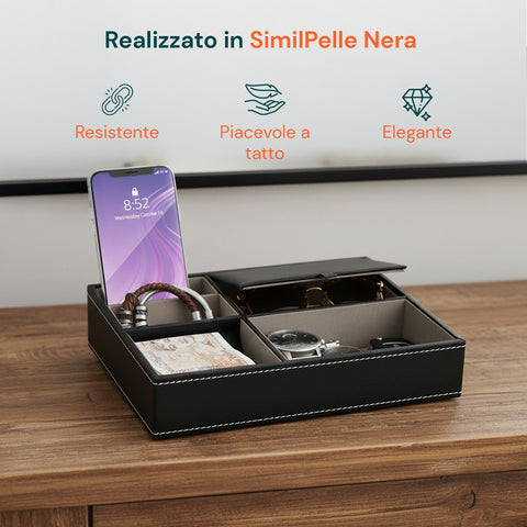 Vassoio Organizer da Ingresso – 5 Scomparti in Similpelle con Coperchio