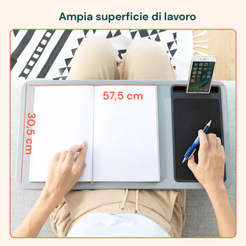 Vassoio da letto Avilia con ampia superficie di lavoro 57,5x30,5 cm, perfetto per notebook, smartphone e scrittura simultanea