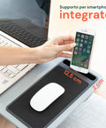 Vassoio da letto Avilia con supporto smartphone integrato e tappetino mouse 12,5 cm, design funzionale per multitasking