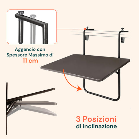 Tavolino da balcone con aggancio per ringhiera fino a spessore massimo di 11cm, sistema di fissaggio sicuro e stabile