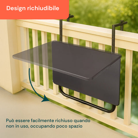 Dettaglio del meccanismo di inclinazione del tavolino da balcone, sistema multiposizione per comfort ottimale
