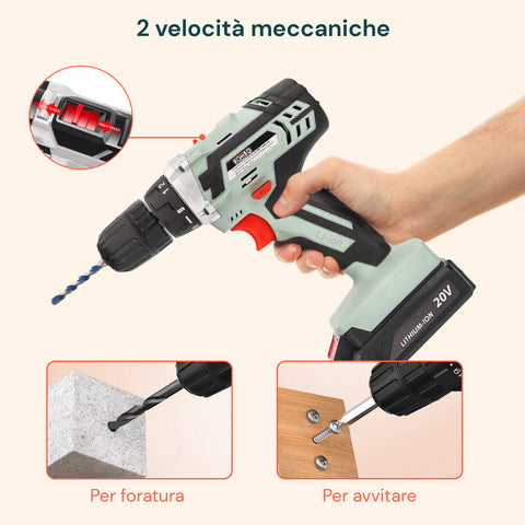 Trapano con 2 velocità meccaniche per foratura e avvitatura su legno, metallo e plastica, facile da usare