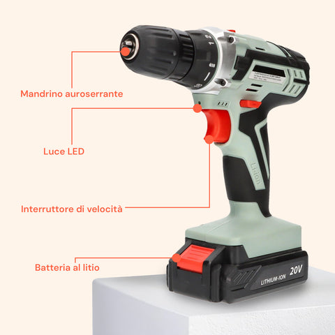 Trapano con mandrino autoserrante 10mm, luce LED integrata, interruttore di velocità e batteria al litio 20V