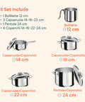 Batteria pentole La Divina 9 pezzi bollilatte 12cm casseruole 14-16-22cm pentola 24cm coperchi
